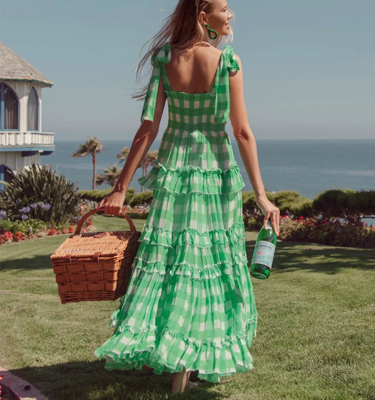 FashionSierra-Casual Square Collar Plaid for Vintage High Waist Ruffles Summer Sleeveless Long Vestidos Boho Dress