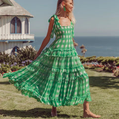FashionSierra-Casual Square Collar Plaid for Vintage High Waist Ruffles Summer Sleeveless Long Vestidos Boho Dress