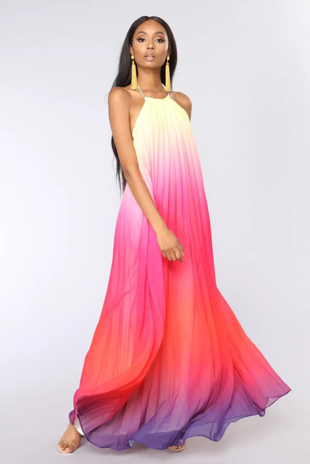 FashionSierra-Elegant  Party  Chiffon  Rainbow Floral Print  Maxi    Backless  Halter  Long  Summer  Beach  Robe Boho Dress