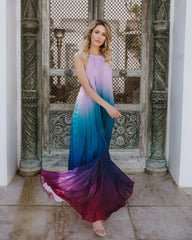 FashionSierra-Elegant  Party  Chiffon  Rainbow Floral Print  Maxi    Backless  Halter  Long  Summer  Beach  Robe Boho Dress