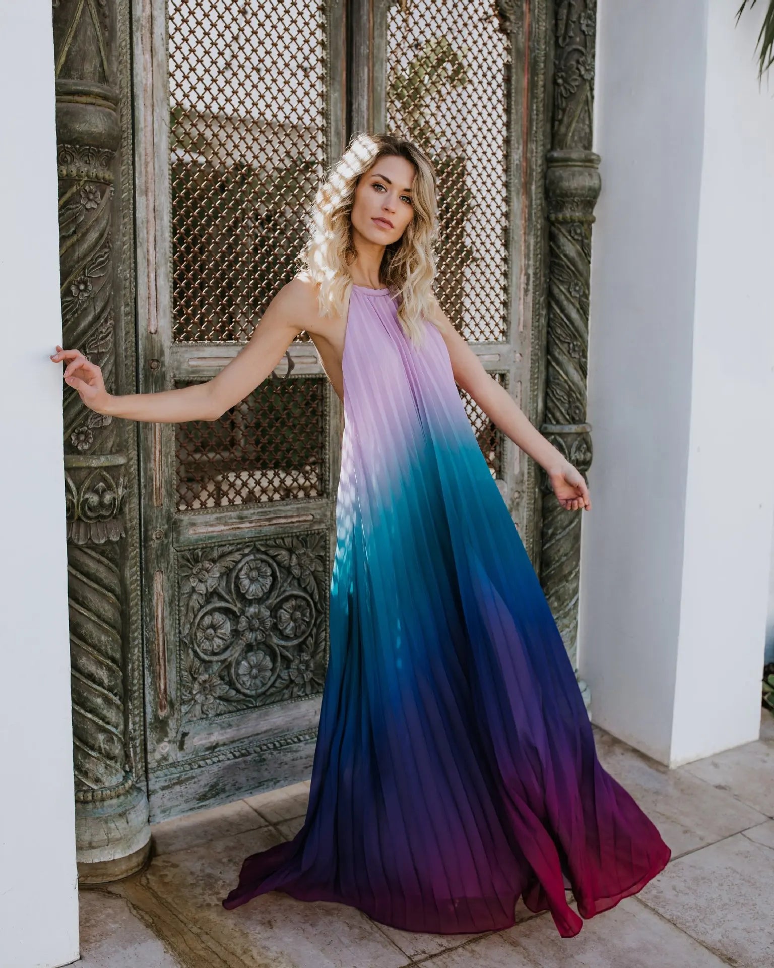 FashionSierra-Elegant  Party  Chiffon  Rainbow Floral Print  Maxi    Backless  Halter  Long  Summer  Beach  Robe Boho Dress