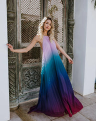 FashionSierra-Elegant  Party  Chiffon  Rainbow Floral Print  Maxi    Backless  Halter  Long  Summer  Beach  Robe Boho Dress