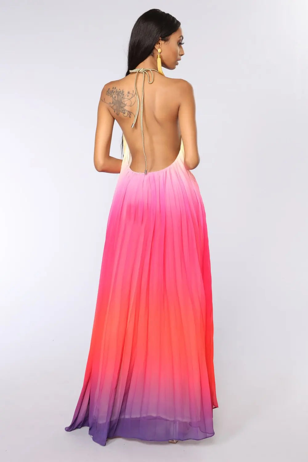 FashionSierra-Elegant  Party  Chiffon  Rainbow Floral Print  Maxi    Backless  Halter  Long  Summer  Beach  Robe Boho Dress