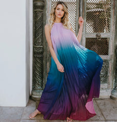 FashionSierra-Elegant  Party  Chiffon  Rainbow Floral Print  Maxi    Backless  Halter  Long  Summer  Beach  Robe Boho Dress