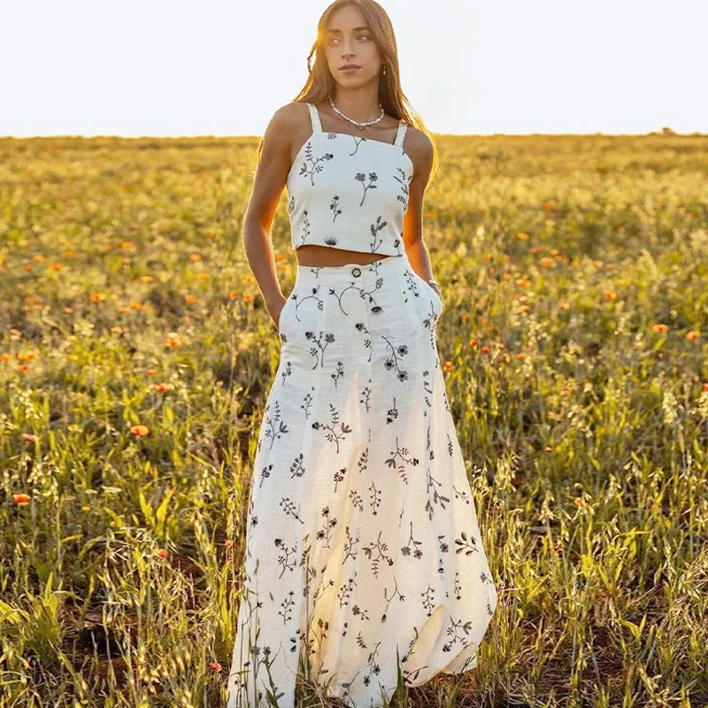FashionSierra-Floral Embroidery Crop Top Maxi Skirt Suit Vintage Sleeveless Summer Set Beach Vestidos Boho Dress