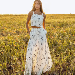 FashionSierra-Floral Embroidery Crop Top Maxi Skirt Suit Vintage Sleeveless Summer Set Beach Vestidos Boho Dress