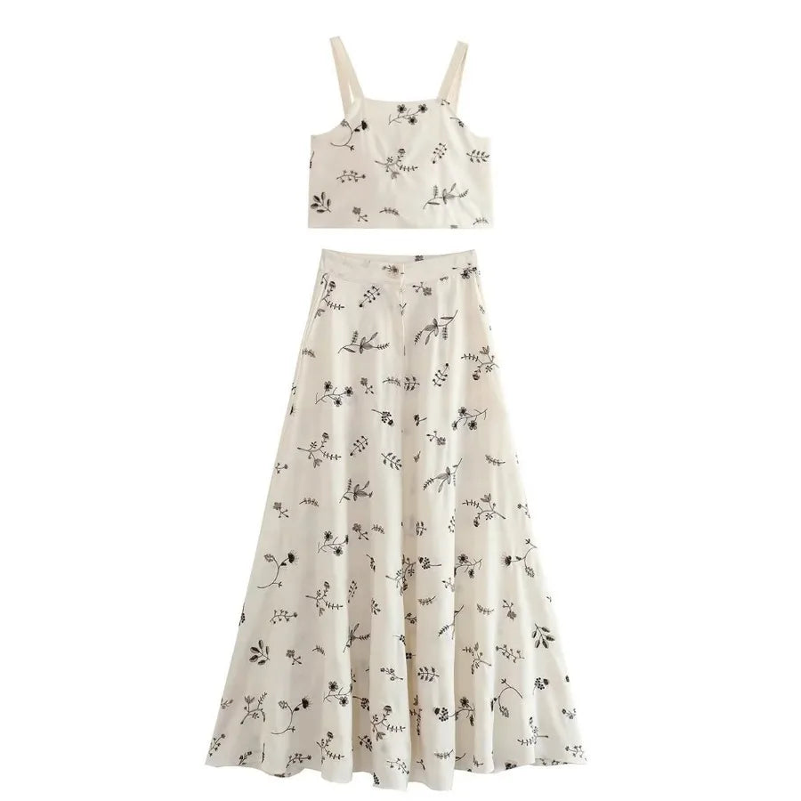 FashionSierra-Floral Embroidery Crop Top Maxi Skirt Suit Vintage Sleeveless Summer Set Beach Vestidos Boho Dress