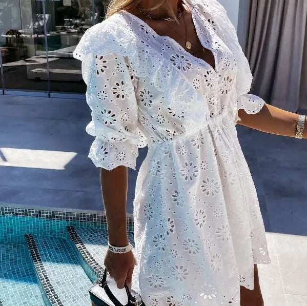 FashionSierra-Floral  Hollow Out  Embroidery  Ruffled  Mini  Casual  Maxi   Vintage  Short Sleeve  White  Summer  Vestido Boho Dress