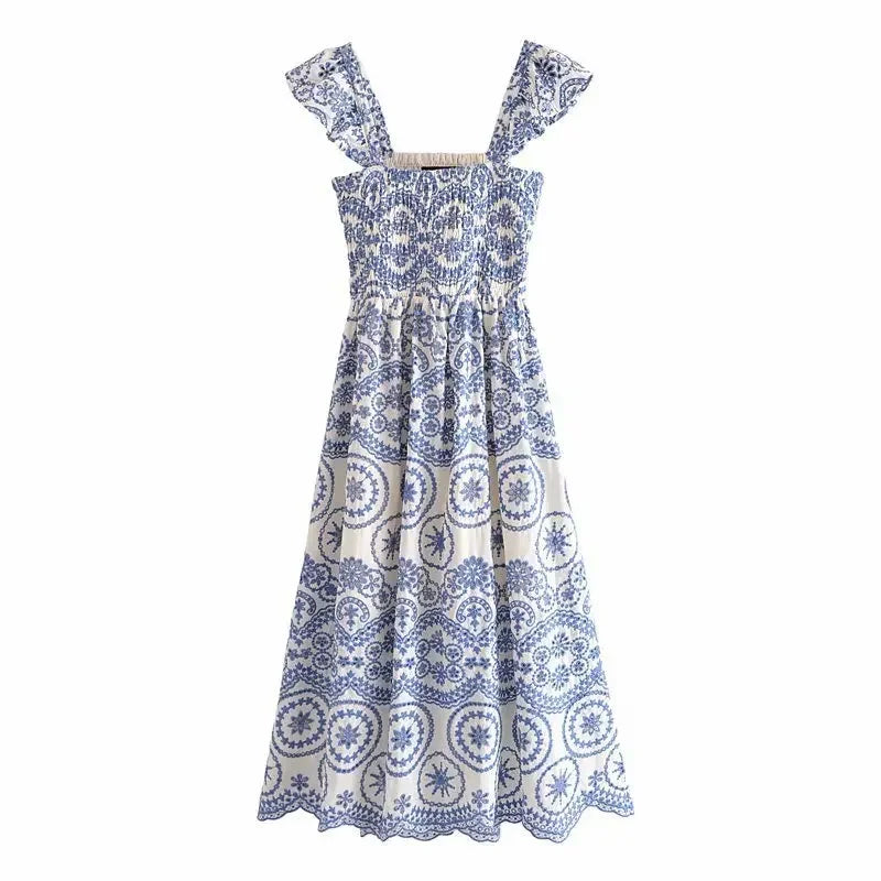 FashionSierra-Hollow Floral Embroidery  Sleeveless Strap  Long  For  Vintage   Summer  Vestidos  Party  Ladies  Boho Dress