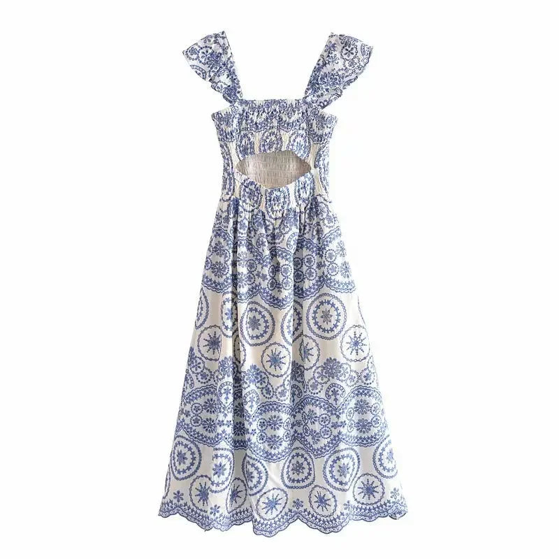 FashionSierra-Hollow Floral Embroidery  Sleeveless Strap  Long  For  Vintage   Summer  Vestidos  Party  Ladies  Boho Dress