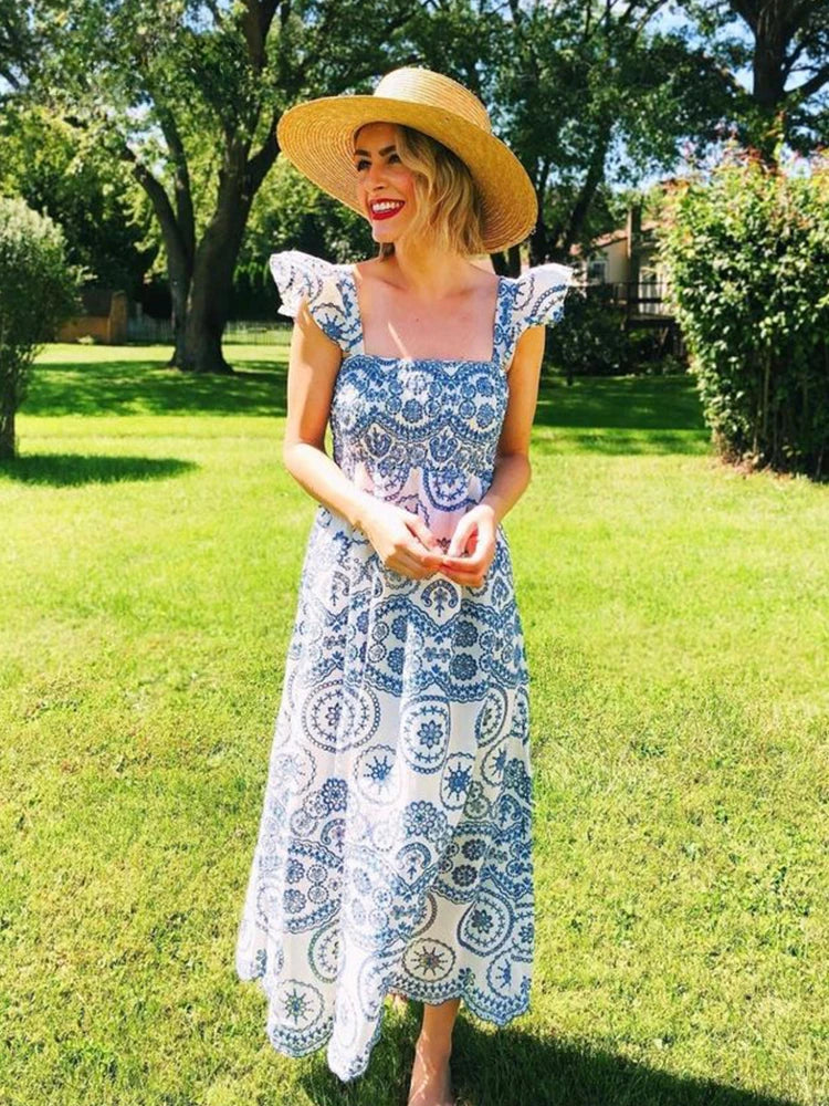 FashionSierra-Hollow Floral Embroidery  Sleeveless Strap  Long  For  Vintage   Summer  Vestidos  Party  Ladies  Boho Dress