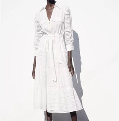 FashionSierra-Hollow Out Cotton Floral Embroidery Lace Casual Long Spring Autumn Party Boho Dress
