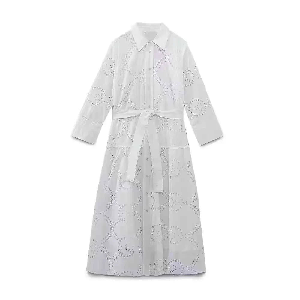 FashionSierra-Hollow Out Cotton Floral Embroidery Lace Casual Long Spring Autumn Party Boho Dress