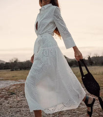 FashionSierra-Hollow Out Cotton Floral Embroidery Lace Casual Long Spring Autumn Party Boho Dress