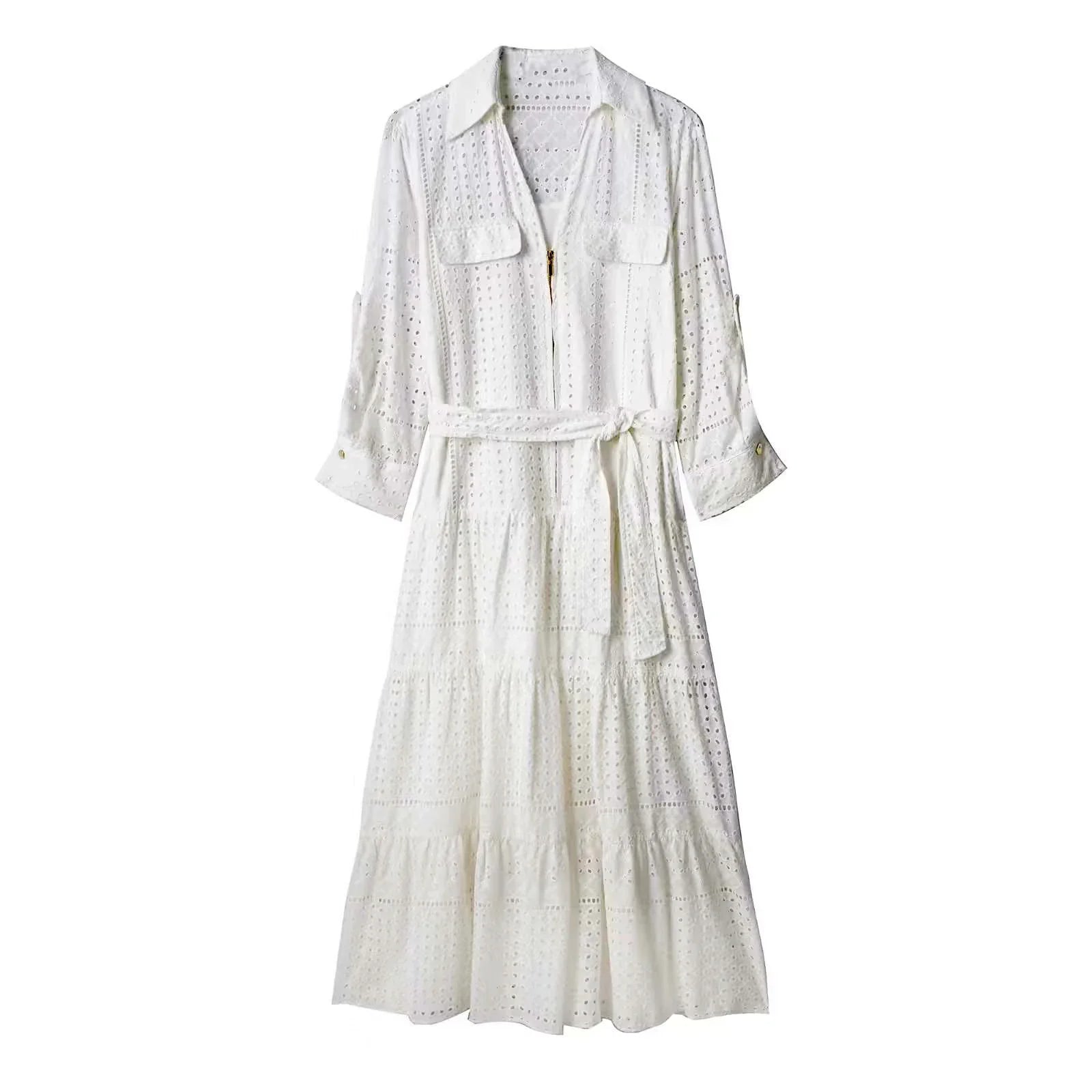 FashionSierra-Hollow Out Cotton Floral Embroidery Lace Casual Long Spring Autumn Party Boho Dress