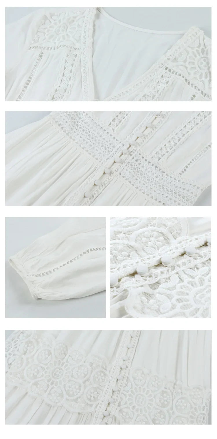 FashionSierra-Lantern Sleeve  Cotton  Splice Lace  Long  Vintage  White  V-neck  Autumn  Holiday Boho Dress
