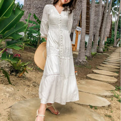FashionSierra-Lantern Sleeve  Cotton  Splice Lace  Long  Vintage  White  V-neck  Autumn  Holiday Boho Dress