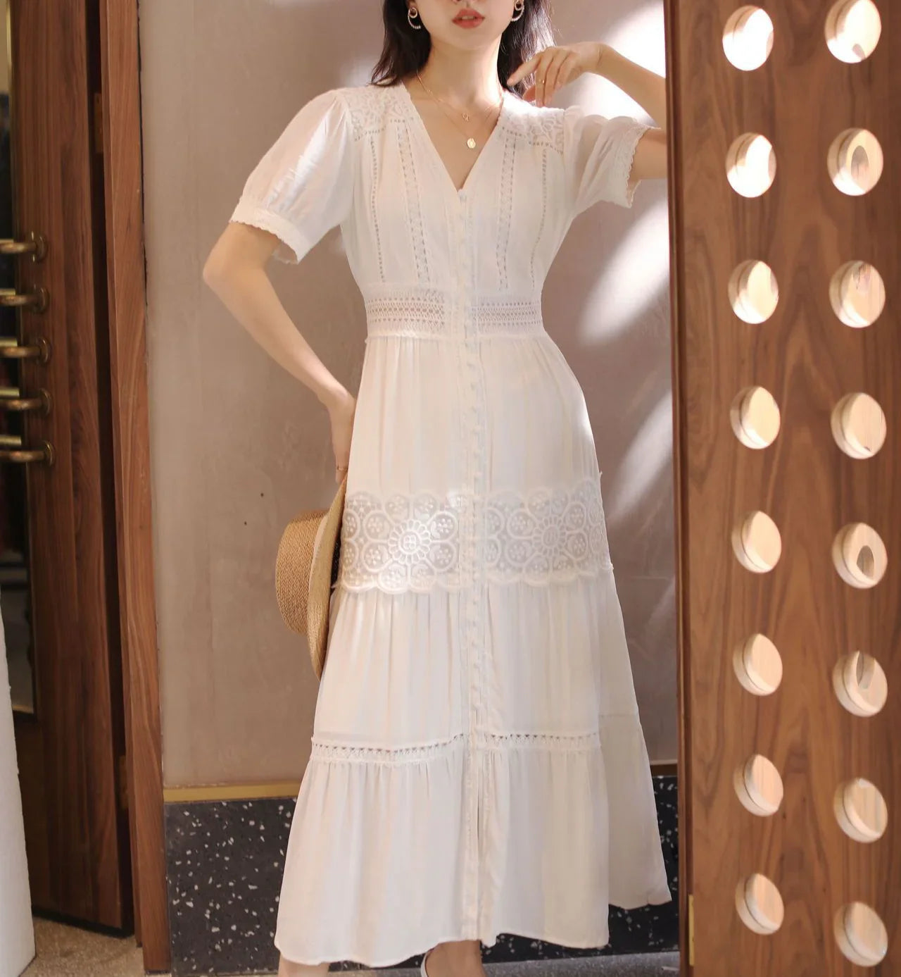 FashionSierra-Lantern Sleeve  Cotton  Splice Lace  Long  Vintage  White  V-neck  Autumn  Holiday Boho Dress