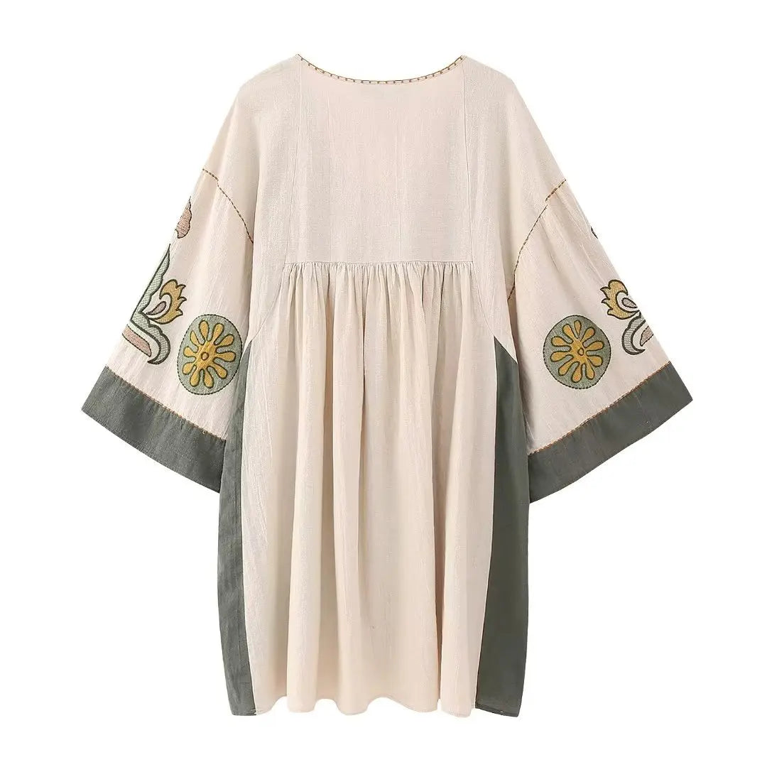 FashionSierra-Linen Cotton  Floral Embroidery  Vintage  O Neck  Loose  A-line  Short  Summer Beach Boho Dress