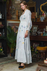 FashionSierra-Long Sleeve Vintage Floral Embroidery Spring Autumn Casual Deep V Neck Cotton Boho Dress