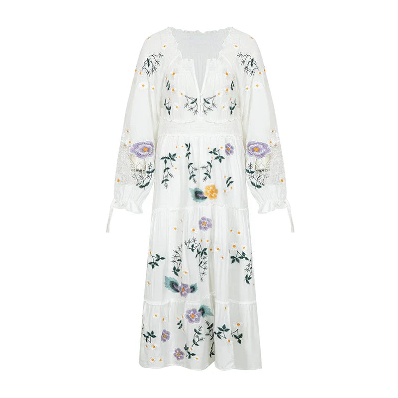 FashionSierra-Long Sleeve Vintage Floral Embroidery Spring Autumn Casual Deep V Neck Cotton Boho Dress