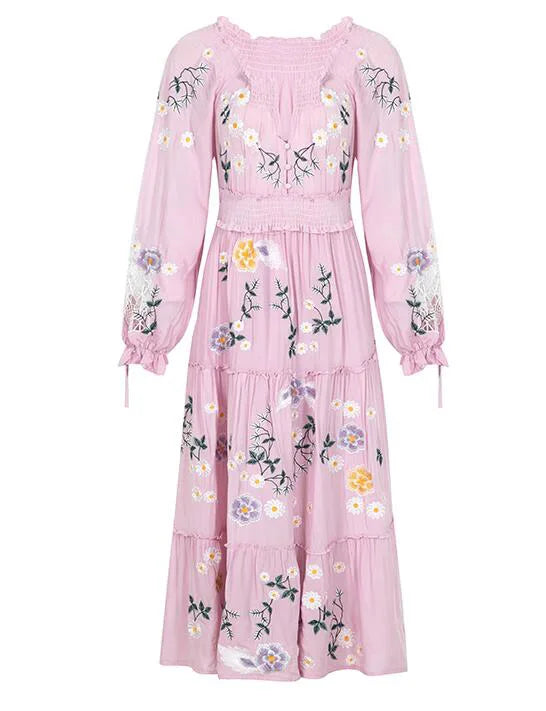 FashionSierra-Long Sleeve Vintage Floral Embroidery Spring Autumn Casual Deep V Neck Cotton Boho Dress