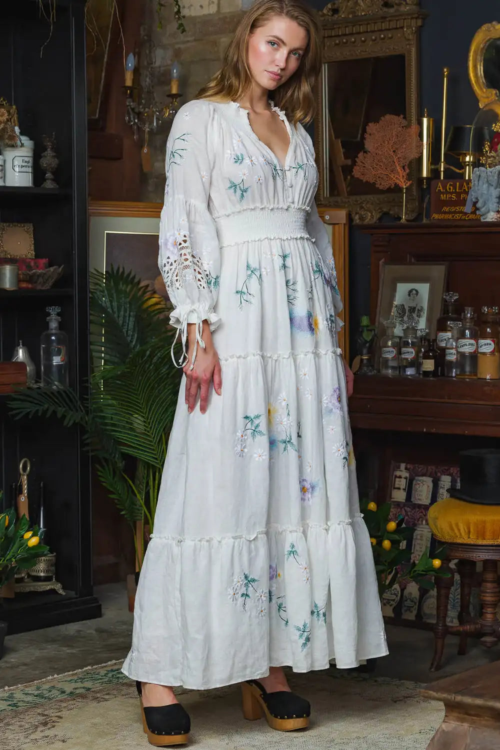 FashionSierra-Long Sleeve Vintage Floral Embroidery Spring Autumn Casual Deep V Neck Cotton Boho Dress