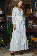 FashionSierra-Long Sleeve Vintage Floral Embroidery Spring Autumn Casual Deep V Neck Cotton Boho Dress