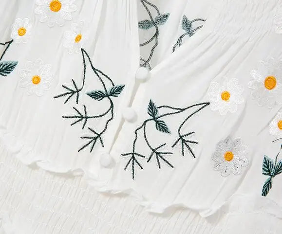 FashionSierra-Long Sleeve Vintage Floral Embroidery Spring Autumn Casual Deep V Neck Cotton Boho Dress