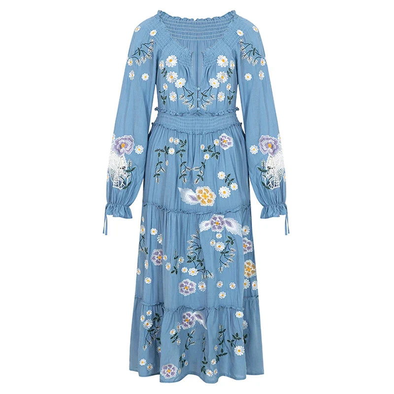 FashionSierra-Long Sleeve Vintage Floral Embroidery Spring Autumn Casual Deep V Neck Cotton Boho Dress