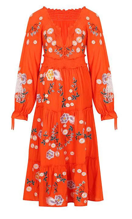 FashionSierra-Long Sleeve Vintage Floral Embroidery Spring Autumn Casual Deep V Neck Cotton Boho Dress