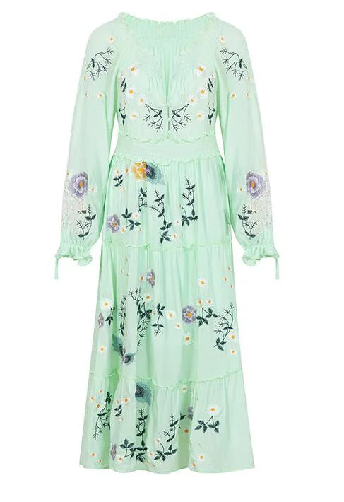 FashionSierra-Long Sleeve Vintage Floral Embroidery Spring Autumn Casual Deep V Neck Cotton Boho Dress