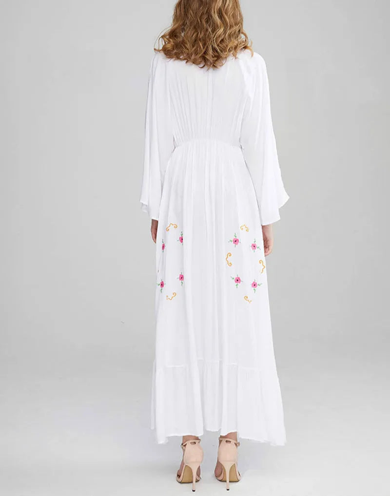 FashionSierra-Long Sleeve Deep V-neck Maxi Vintage Rayon Embroidered White Autumn Vestidos Casual Long Robe Boho Dress