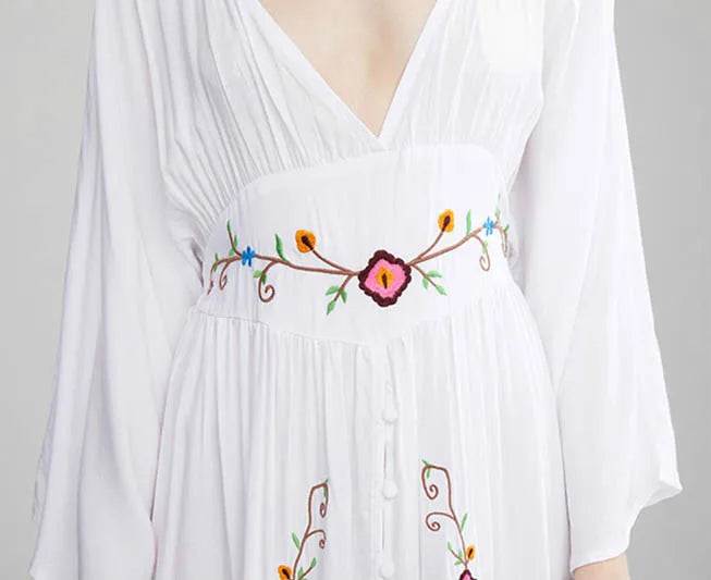 FashionSierra-Long Sleeve Deep V-neck Maxi Vintage Rayon Embroidered White Autumn Vestidos Casual Long Robe Boho Dress