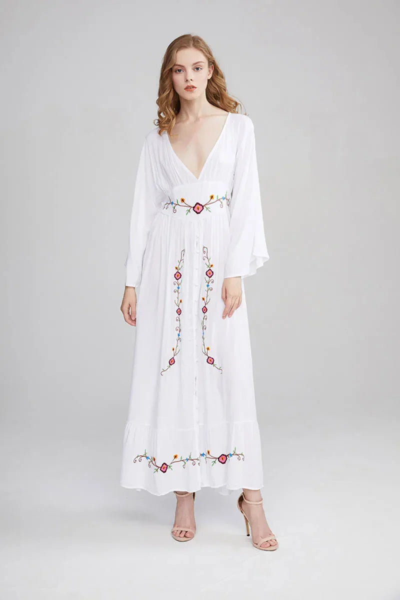 FashionSierra-Long Sleeve Deep V-neck Maxi Vintage Rayon Embroidered White Autumn Vestidos Casual Long Robe Boho Dress