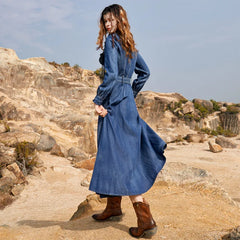 FashionSierra-Long Sleeve  Denim  Casual  Ruffles  O-neck  Floral Embroidery  Maxi  Vintage  Summer Boho Dress