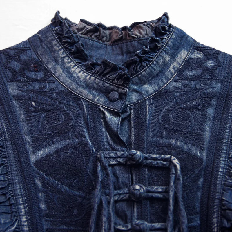 FashionSierra-Long Sleeve  Denim  Casual  Ruffles  O-neck  Floral Embroidery  Maxi  Vintage  Summer Boho Dress