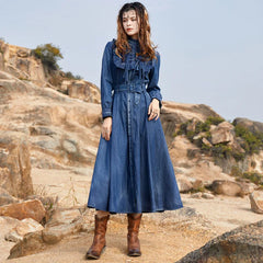 FashionSierra-Long Sleeve  Denim  Casual  Ruffles  O-neck  Floral Embroidery  Maxi  Vintage  Summer Boho Dress