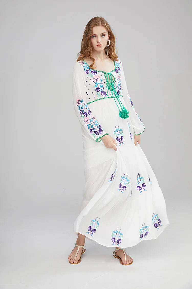FashionSierra-Long Sleeve  Ethnic  Tunic  Maxi  Vintage  White  Cotton  Floral Embroidery  Loose  Autumn Boho Dress