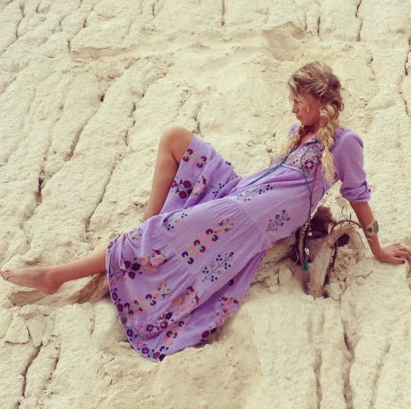 FashionSierra-Long Sleeve  Ethnic  Tunic  Maxi  Vintage  White  Cotton  Floral Embroidery  Loose  Autumn Boho Dress