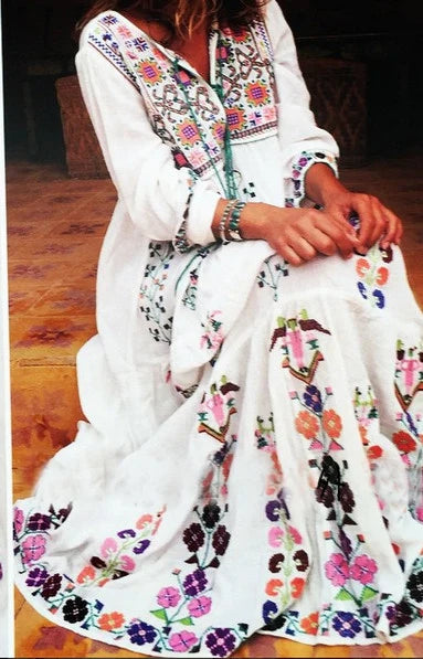 FashionSierra-Long Sleeve  Ethnic  Tunic  Maxi  Vintage  White  Cotton  Floral Embroidery  Loose  Autumn Boho Dress