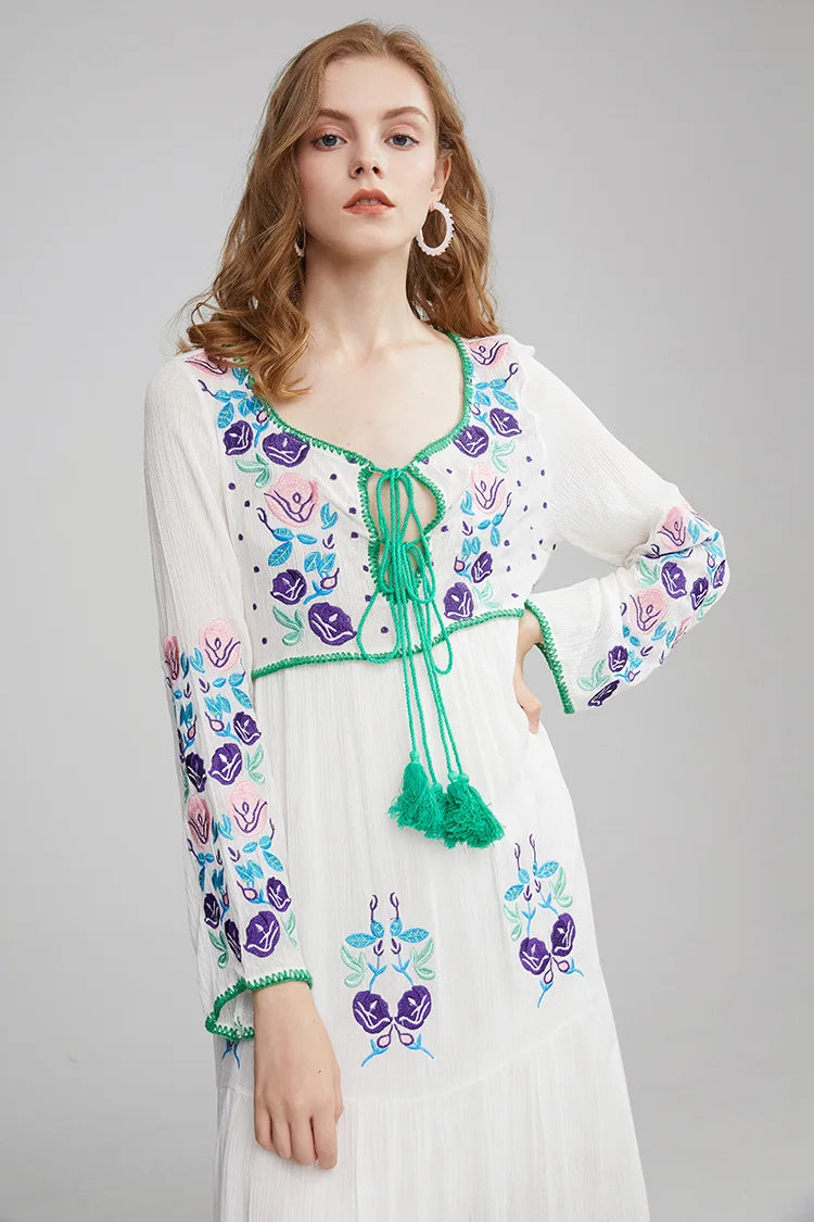 FashionSierra-Long Sleeve  Ethnic  Tunic  Maxi  Vintage  White  Cotton  Floral Embroidery  Loose  Autumn Boho Dress