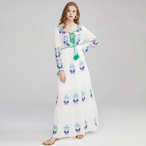 FashionSierra-Long Sleeve  Ethnic  Tunic  Maxi  Vintage  White  Cotton  Floral Embroidery  Loose  Autumn Boho Dress