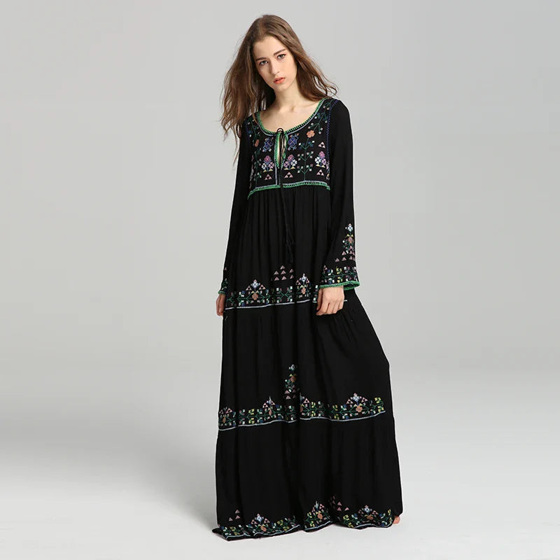FashionSierra-Long Sleeve  Ethnic  Tunic  Maxi  Vintage  White  Cotton  Floral Embroidery  Loose  Autumn Boho Dress
