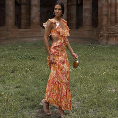 FashionSierra-Orange  Floral Printed  Maxi    Backless  Deep V Neck  Waistless  Long  Summer  Ruffles  Beach Boho Dress