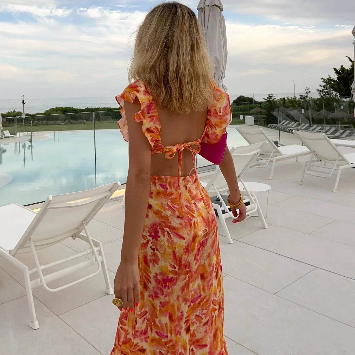 FashionSierra-Orange  Floral Printed  Maxi    Backless  Deep V Neck  Waistless  Long  Summer  Ruffles  Beach Boho Dress