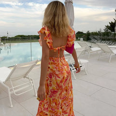 FashionSierra-Orange  Floral Printed  Maxi    Backless  Deep V Neck  Waistless  Long  Summer  Ruffles  Beach Boho Dress