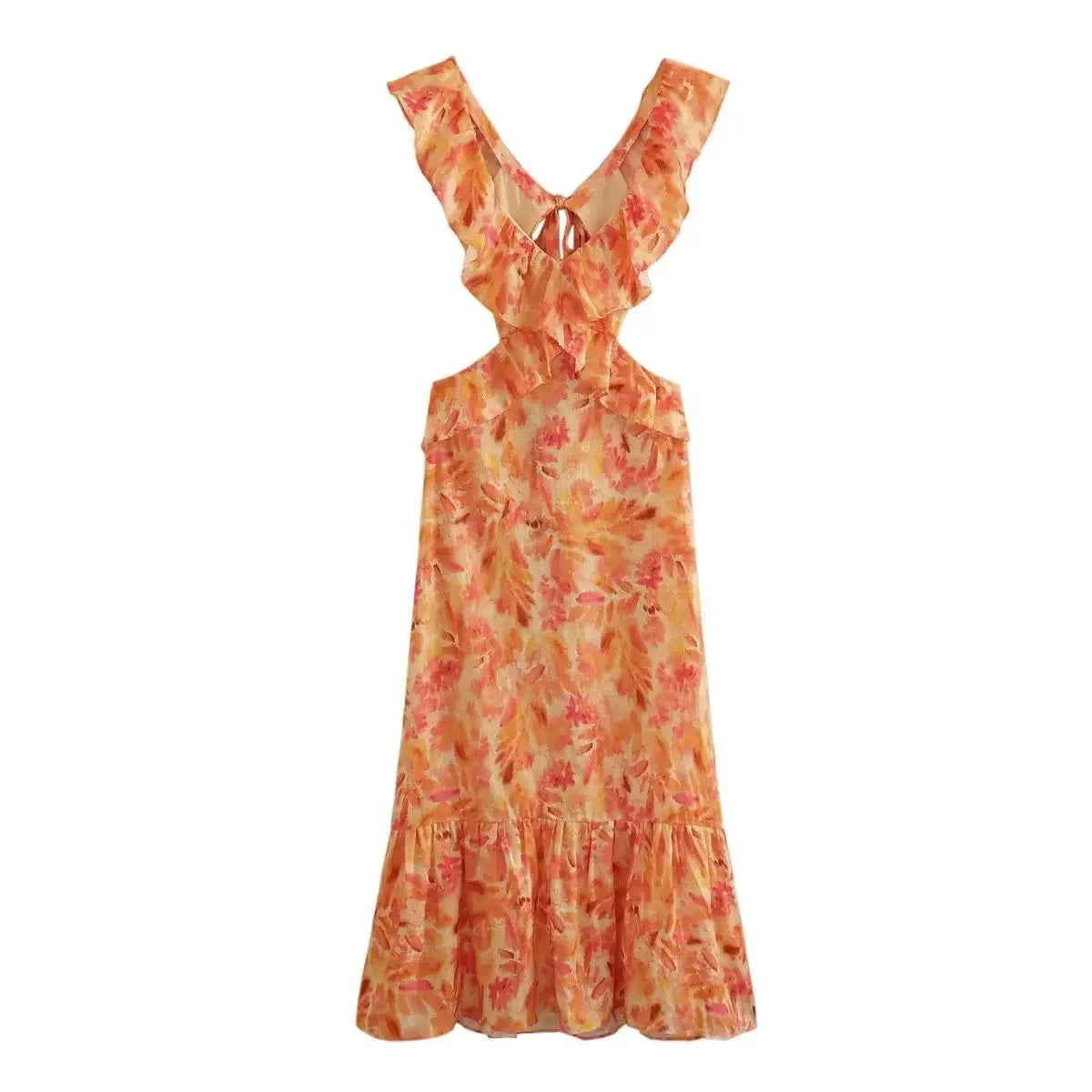 FashionSierra-Orange  Floral Printed  Maxi    Backless  Deep V Neck  Waistless  Long  Summer  Ruffles  Beach Boho Dress