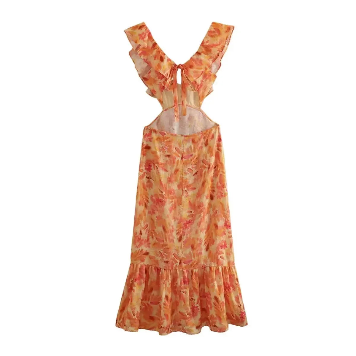 FashionSierra-Orange  Floral Printed  Maxi    Backless  Deep V Neck  Waistless  Long  Summer  Ruffles  Beach Boho Dress