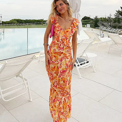 FashionSierra-Orange  Floral Printed  Maxi    Backless  Deep V Neck  Waistless  Long  Summer  Ruffles  Beach Boho Dress